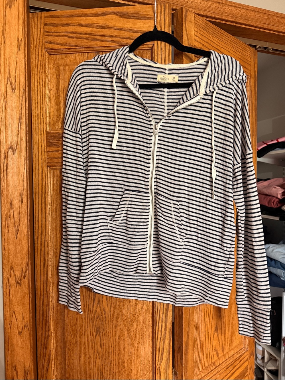 Hollister White and Navy Striped Zip Hoodie